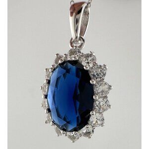 Stunning 6.40 Carat Imperial Lab Created  Blue Sapphire Pendant Necklace